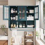 Bathroom Wall Cabinet 3-Door Wooden Glass Door Towel Bar - Dark Green