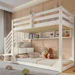 Bunk Bed 90x200cm with Staircase Storage & Safety Railing - White Wood