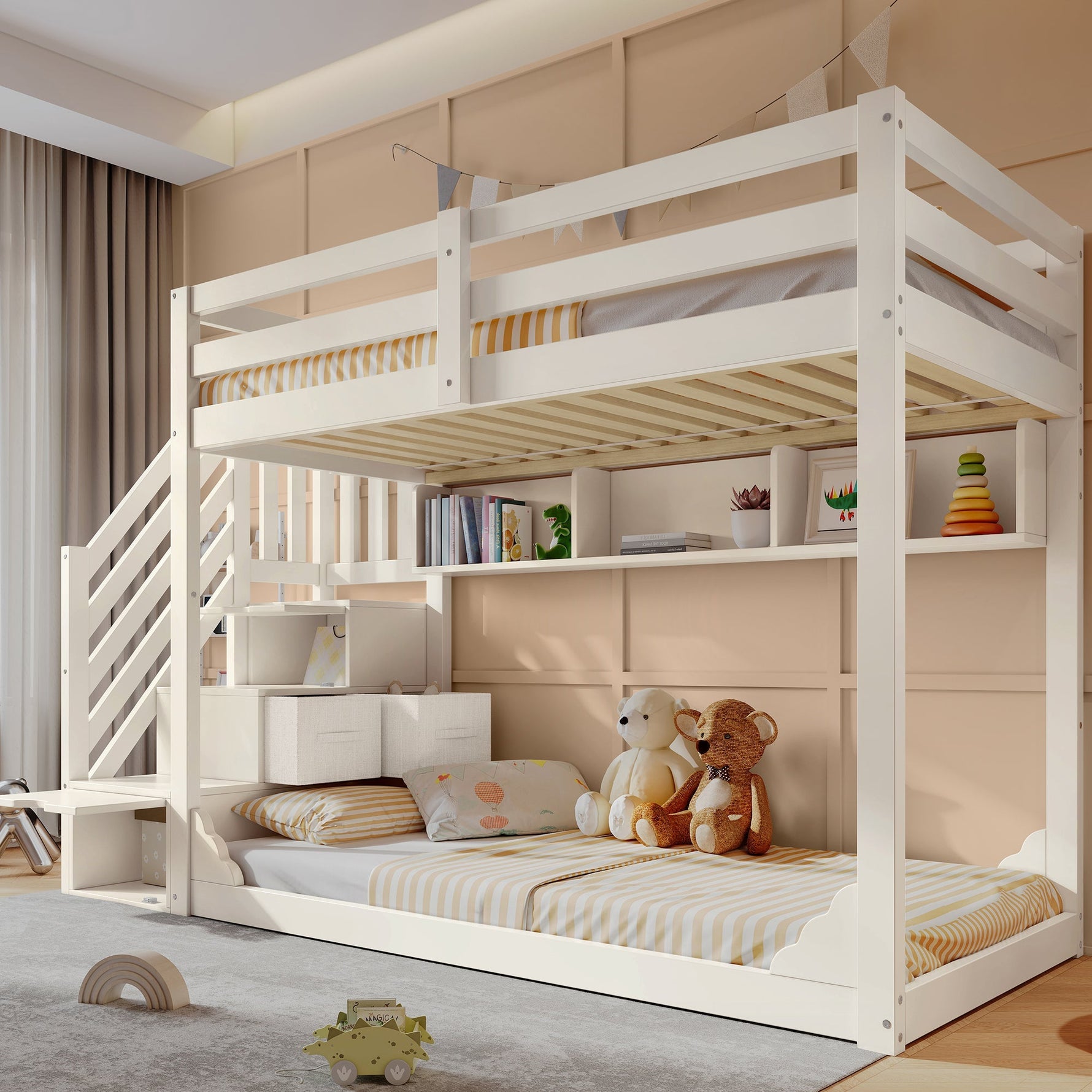 Bunk Bed 90x200cm with Staircase Storage & Safety Railing - White Wood