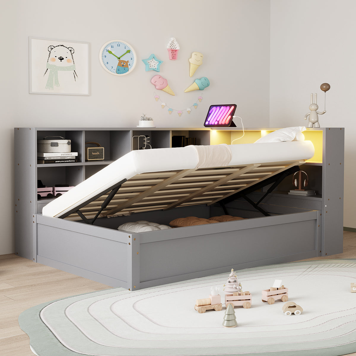 Multifunctional Sofa Bed 90x200 with Storage & Light Strip, Grey