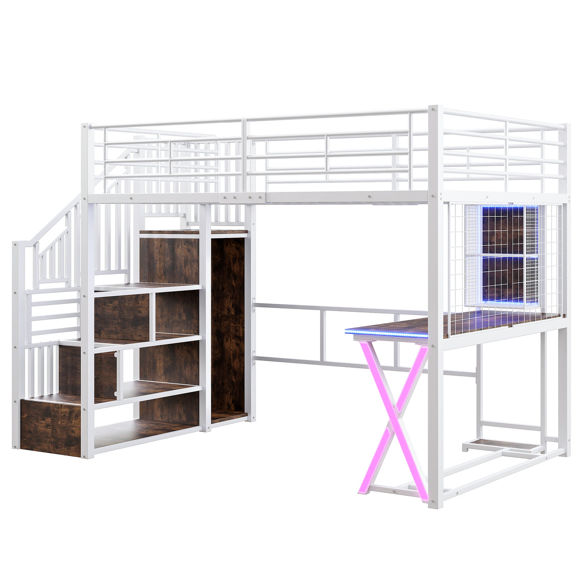 Loft Bed 140x200cm with Desk, Wardrobe & LED Lights, White