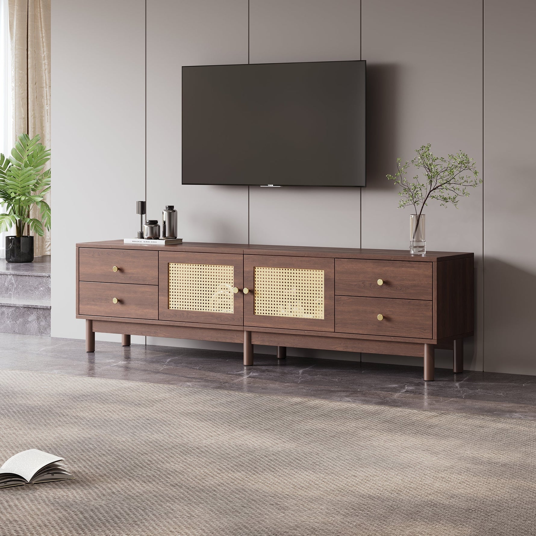 TV Cabinet, 180cm with Rattan Doors, 4 Drawers, Cable Management, Dark Wood