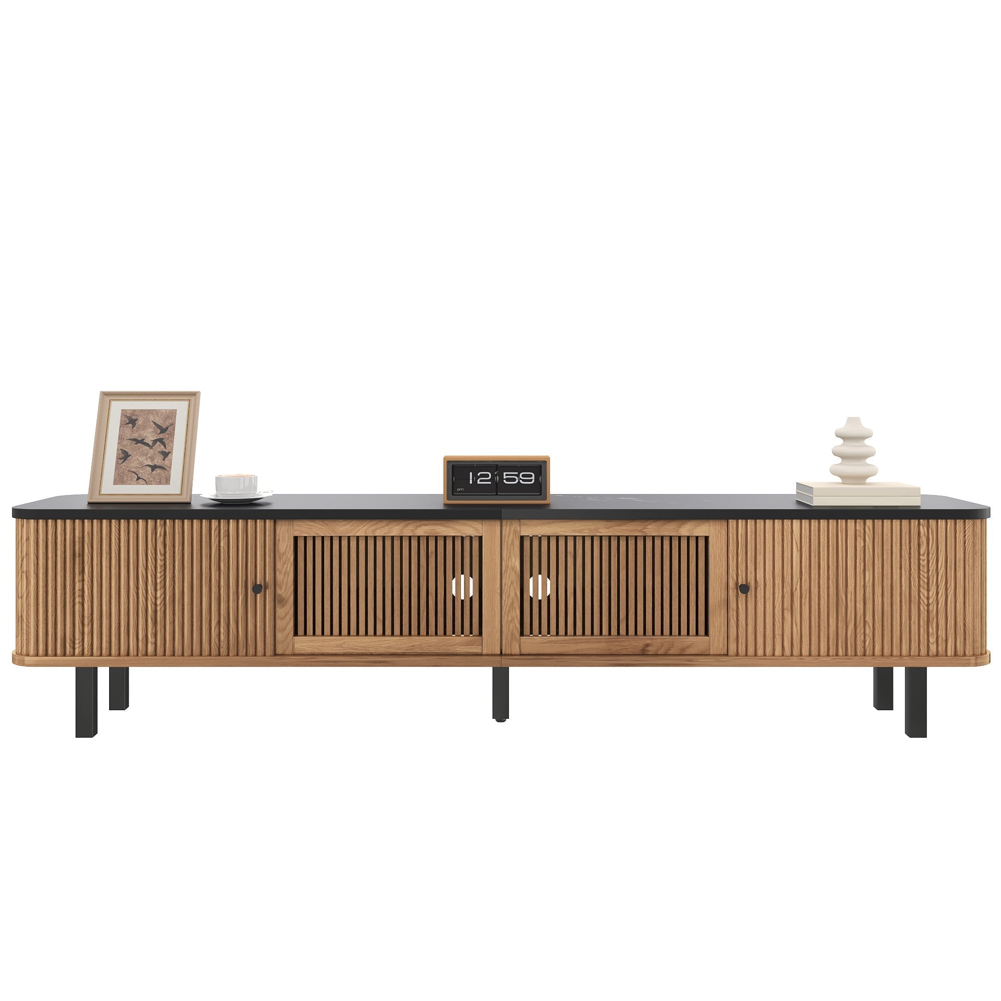 Modern TV Cabinet with Sliding Mesh Doors and Unique Design, Oak Wood Look