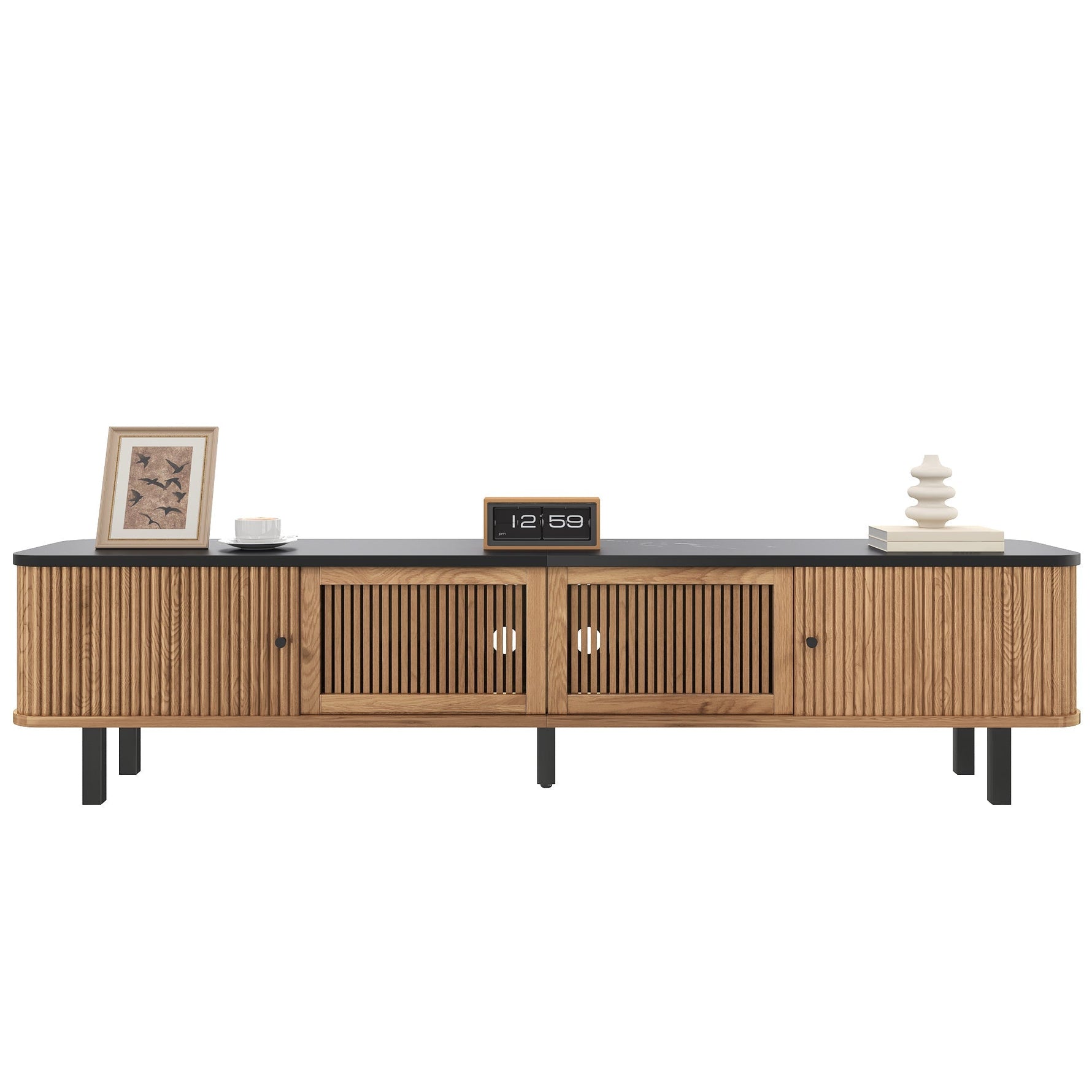 Modern TV Cabinet with Sliding Mesh Doors and Unique Design, Oak Wood Look