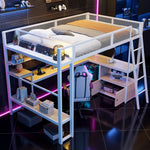 Gaming Loft Bed 140x200cm with Workspace & LED, White Metal