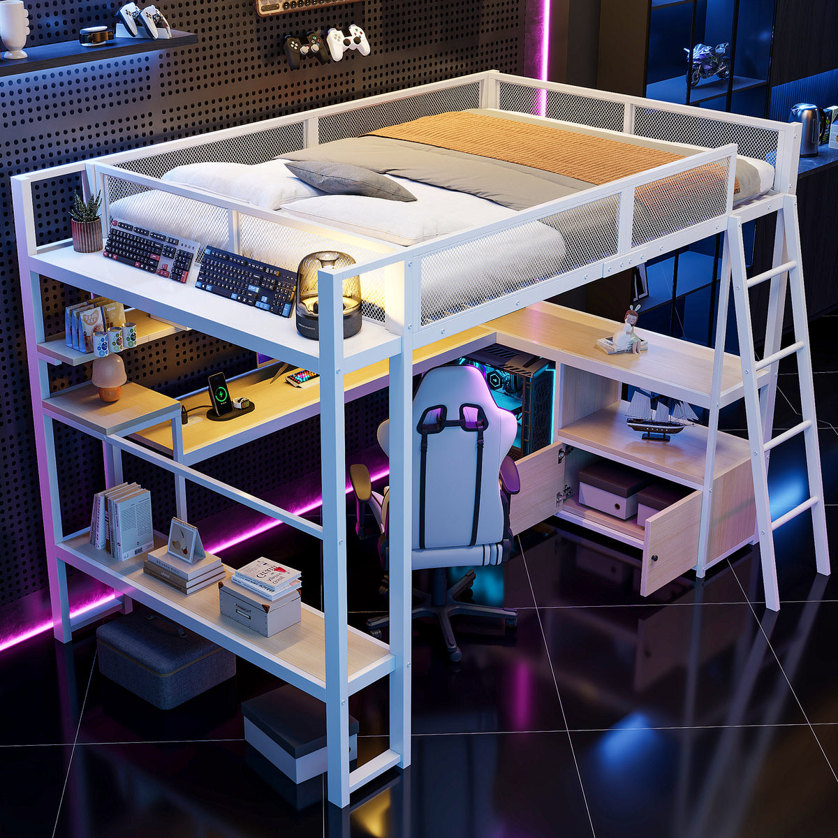 Gaming Loft Bed 140x200cm with Workspace & LED, White Metal