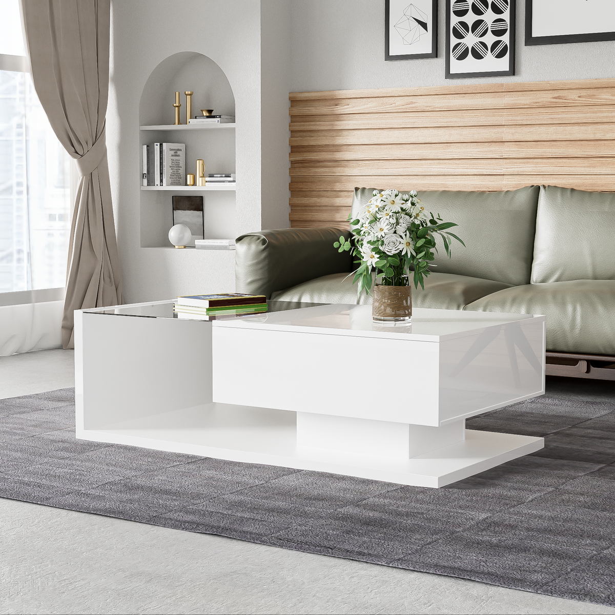 Coffee table, high-gloss white
 Side table, coffee table, with glass and LED effect