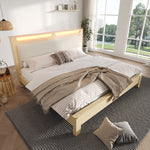 Double Bed 140x200cm, LED Headboard with Storage, Beige Corduroy & Light Oak