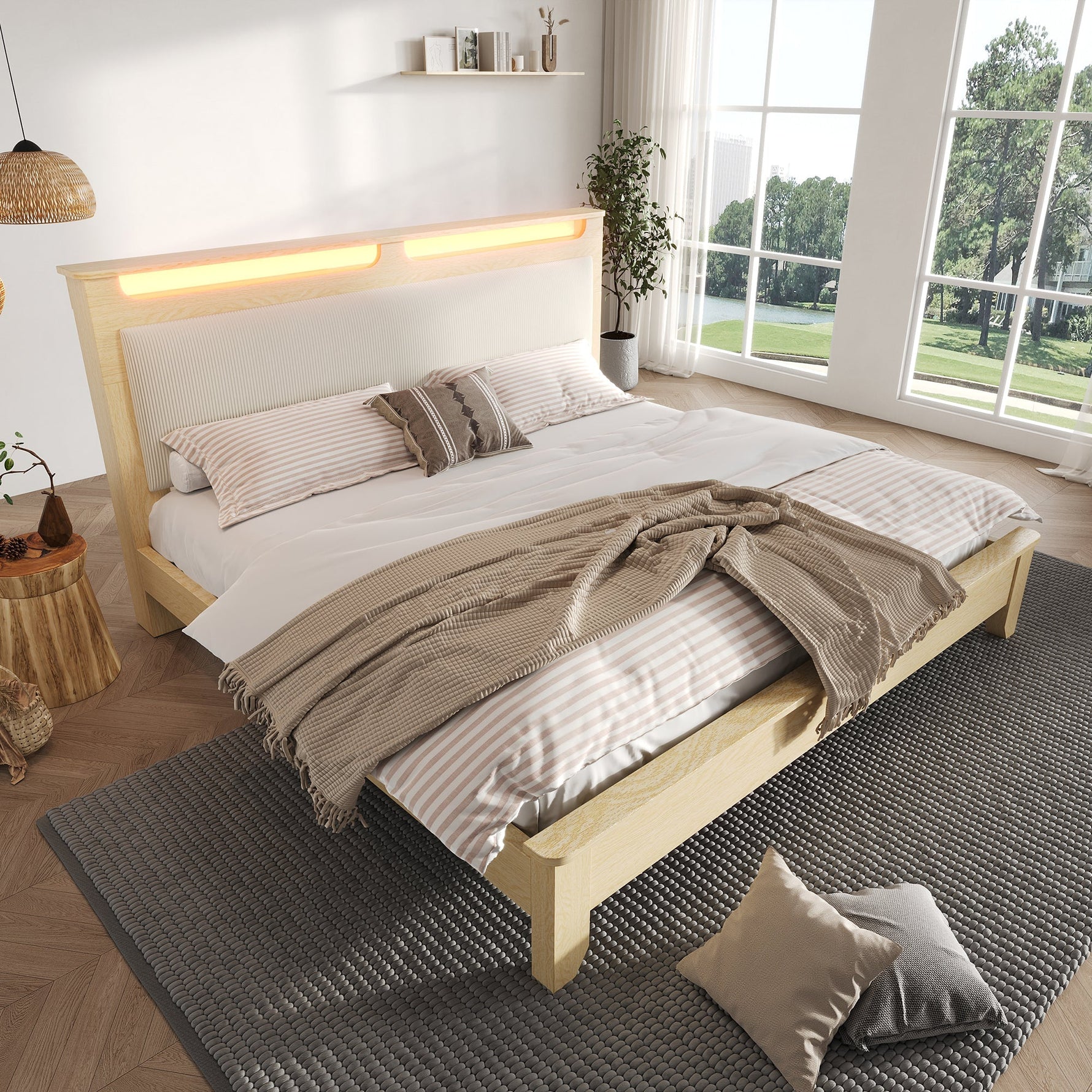Double Bed 140x200cm, LED Headboard with Storage, Beige Corduroy & Light Oak