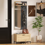 Hallway Set Shoe Bench Mirror 3 Hooks Open Shelf - Natural Wood/Grey