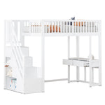 Loft Bed 90x200 Multifunctional Table Storage Stairs Pine Wood White