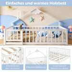 Children's Flatbed with House Rail and Locking Railing, 140x190 cm, White Pine Wood