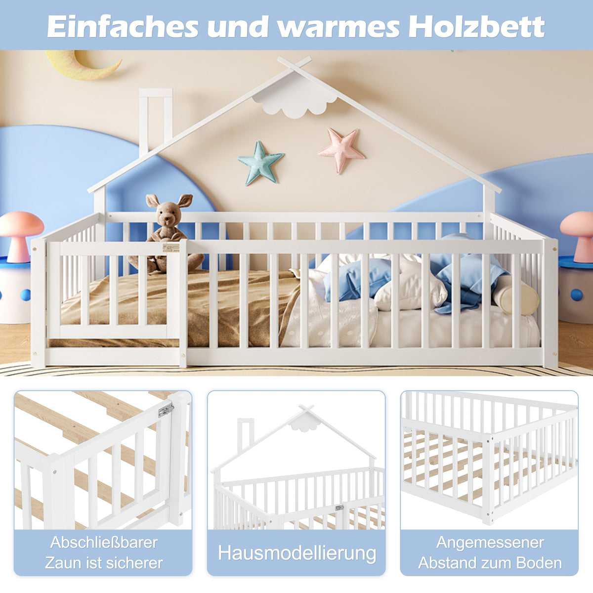 Children's Flatbed with House Rail and Locking Railing, 140x190 cm, White Pine Wood