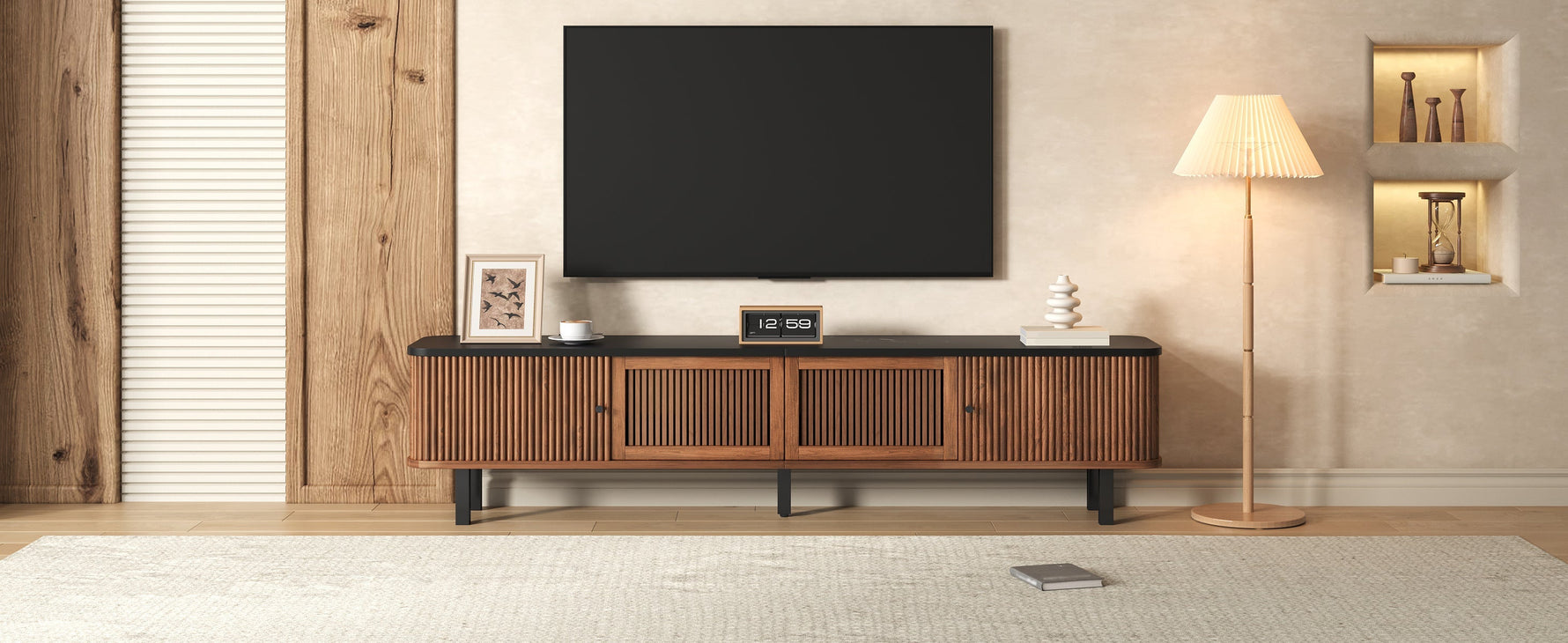 Modern Low TV Cabinet 190cm with Sliding & Mesh Doors