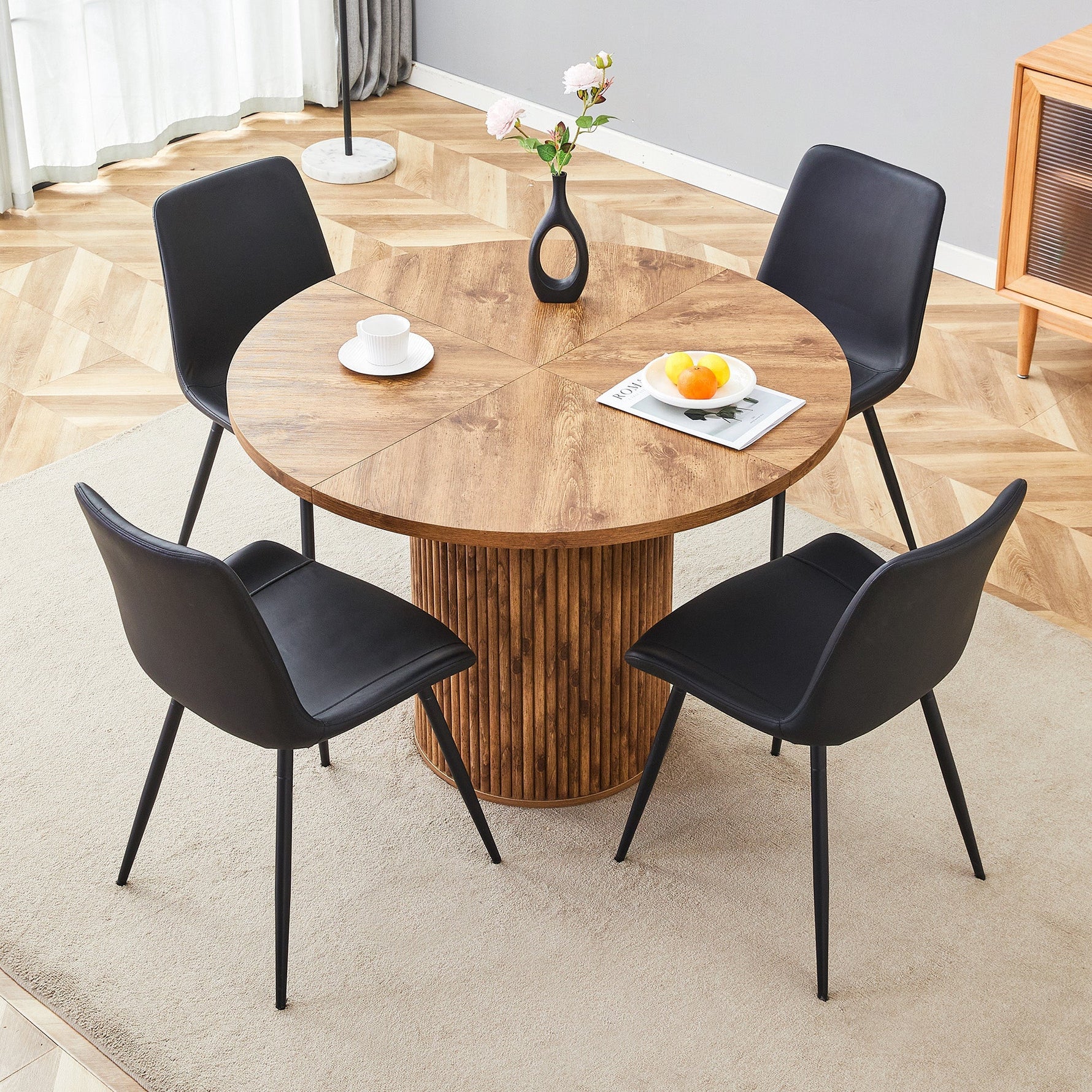 Round Dining Set 100cm Table 4 Faux Leather Chairs - Wood Look/Black
