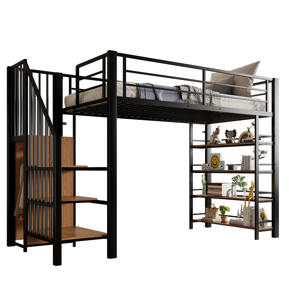 Loft Bed, 90x200 with Safety Stairs & Storage Wardrobe, Black