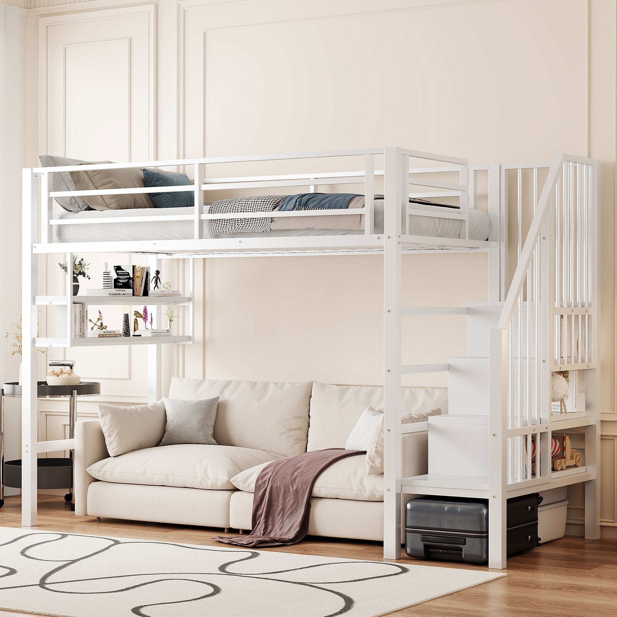Loft Bed 90x200cm Storage Ladder Shelves - White