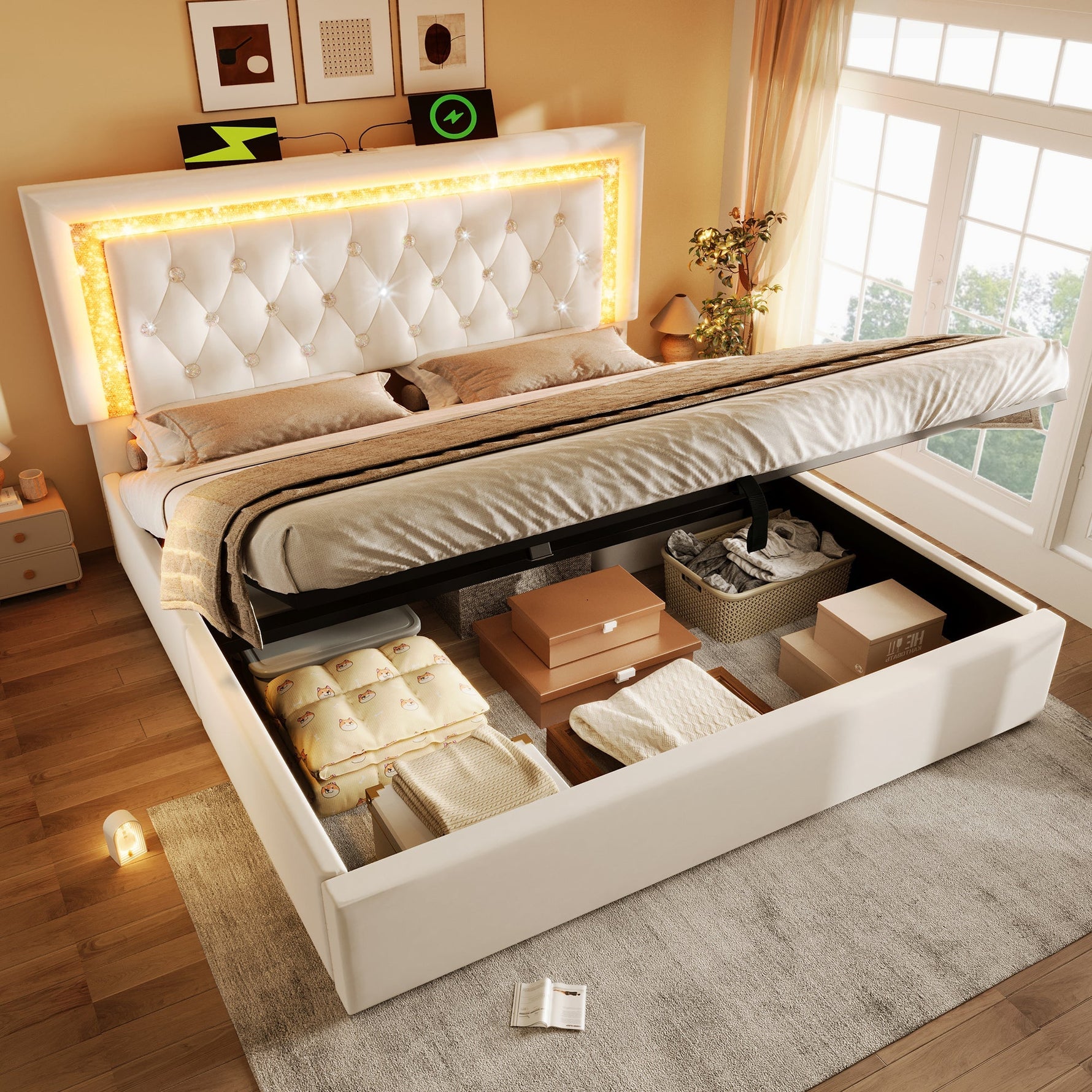 Upholstered Bed with LED Diamond Strip, USB Charging and Hydraulic Storage, Beige Velvet