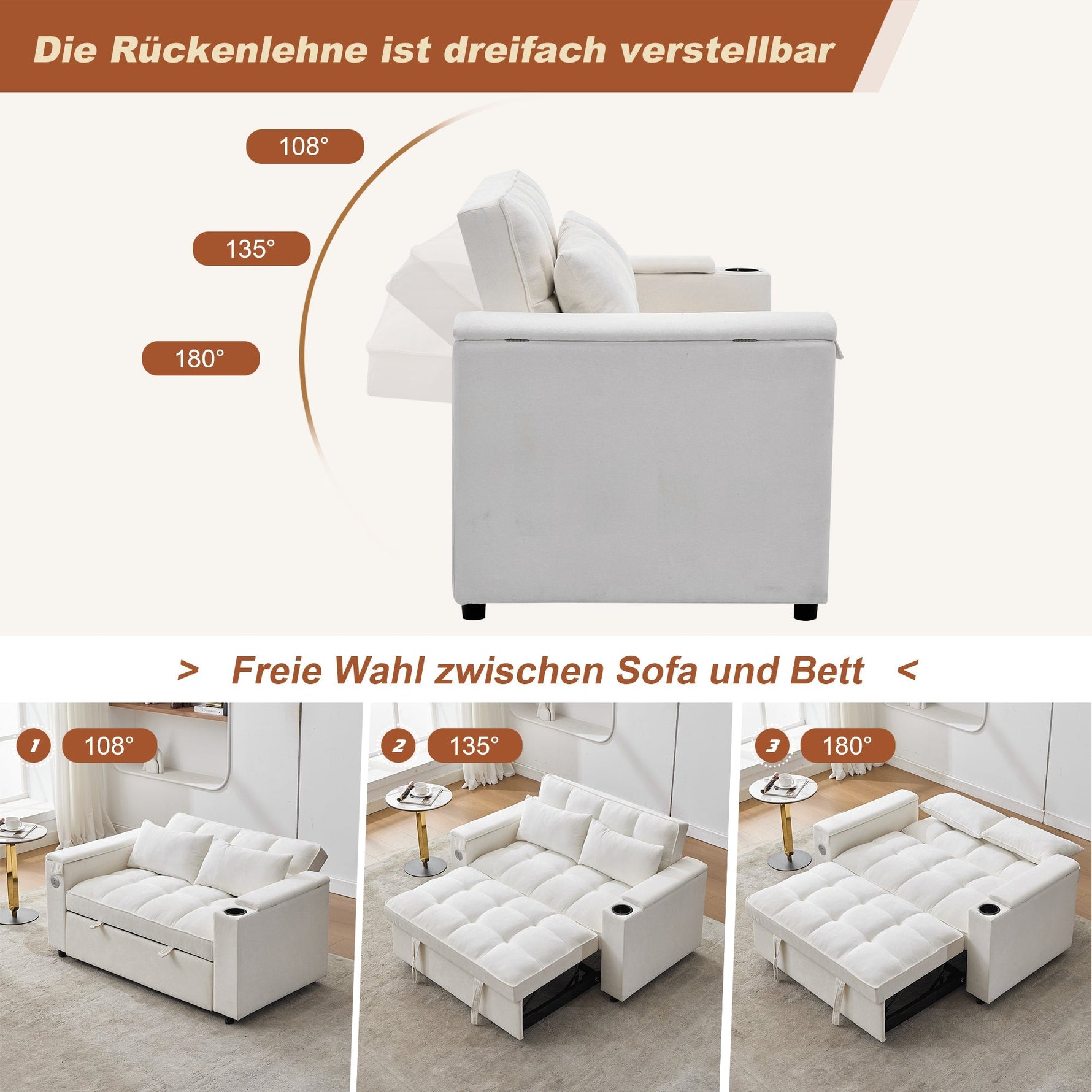 3-in-1 Sleeper Sofa Daybed, Adjustable Backrest USB Port Hidden Cup Holder, Beige