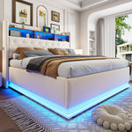 LED Upholstered Bed with USB & Hydraulic Storage, Linen Beige