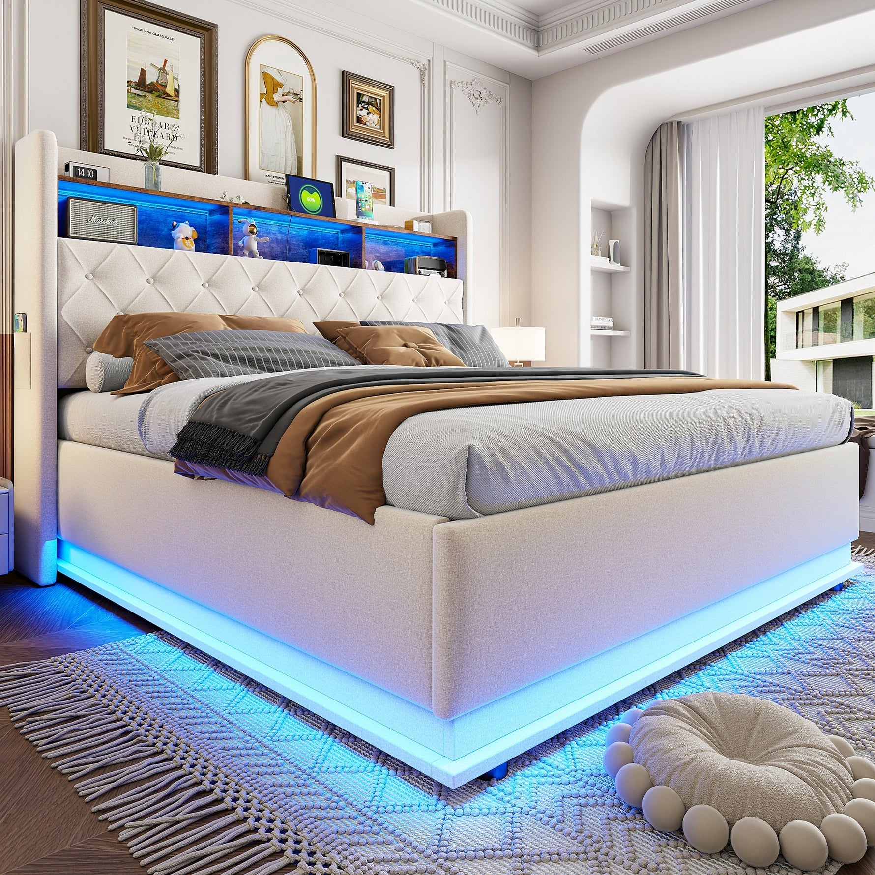 LED Upholstered Bed with USB & Hydraulic Storage, Linen Beige
