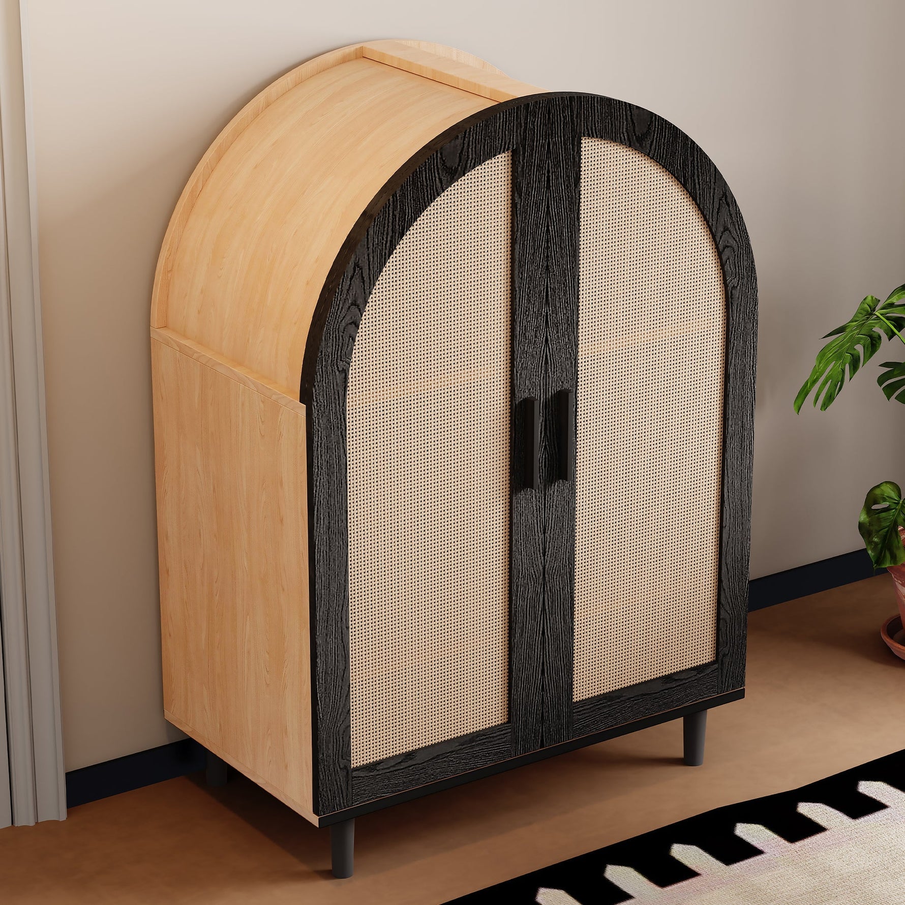 Elegant Sideboard/Shoe Cabinet, Rounded Exterior, Rattan Doors, 3 Shelves