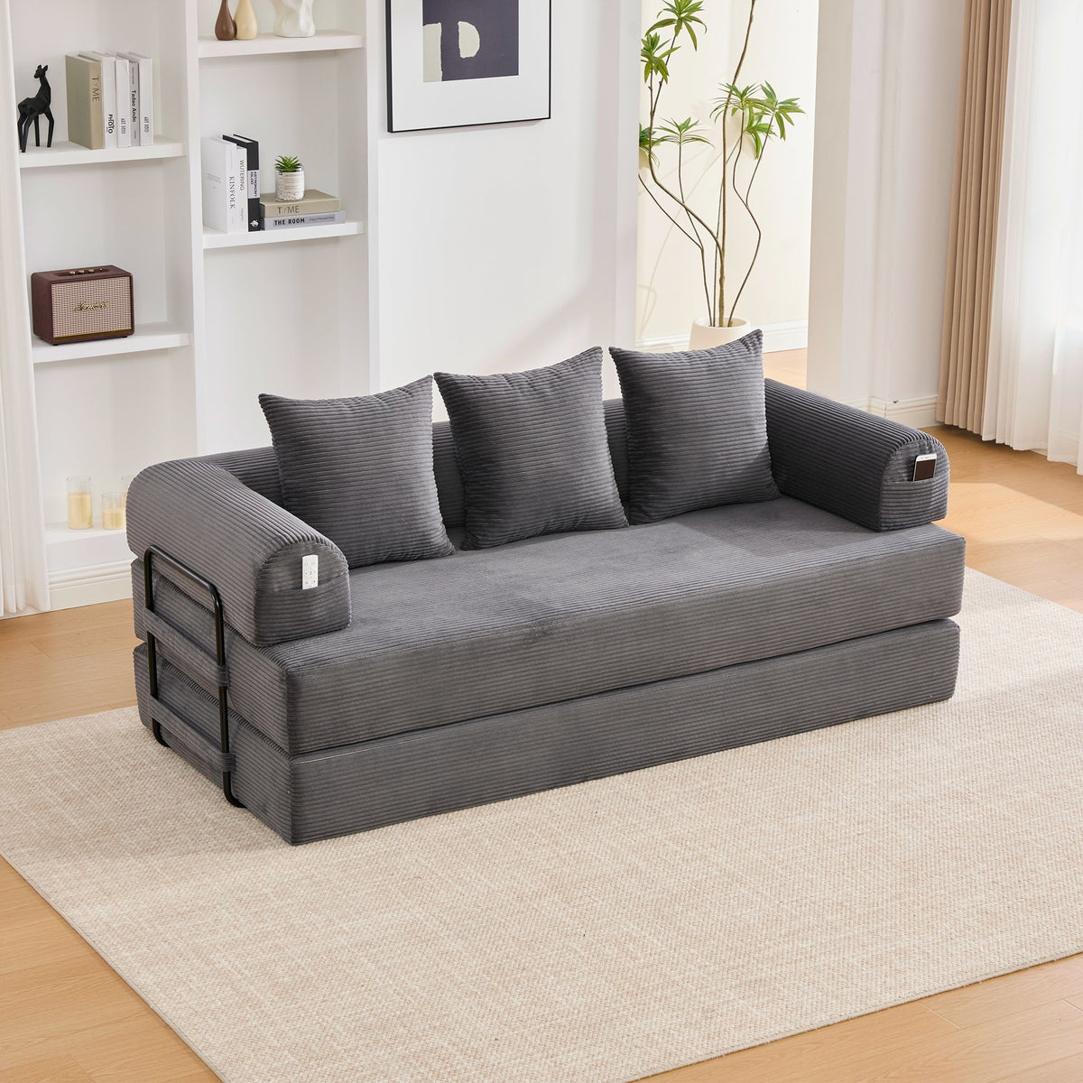 Sofa Foldable Metal Frame with 3 Cushions Side Pockets Dark Grey