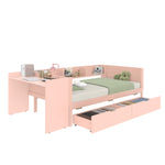 Wooden Single Bed 90x200 with Desk, Drawers & Shelves, Pink