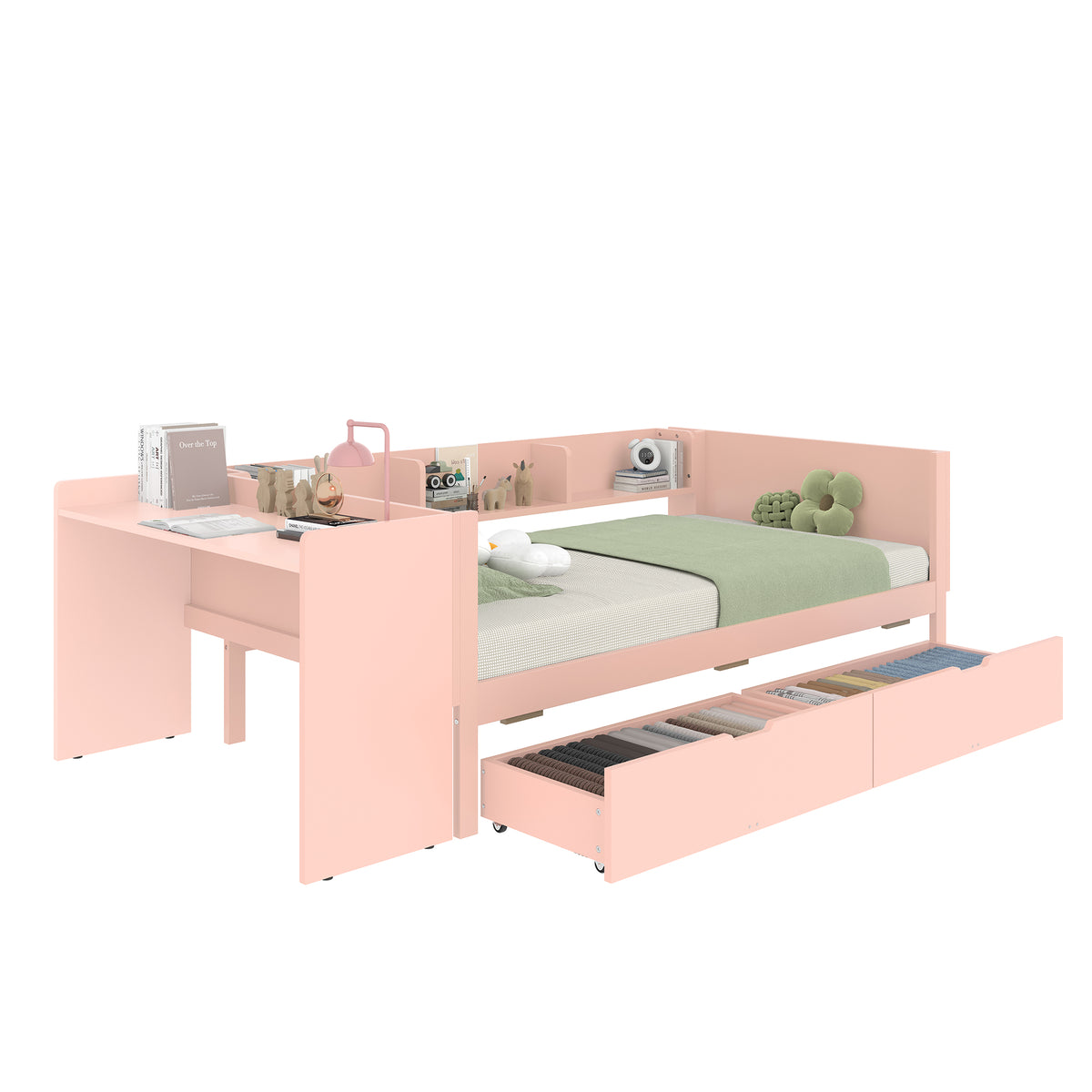 Wooden Single Bed 90x200 with Desk, Drawers & Shelves, Pink