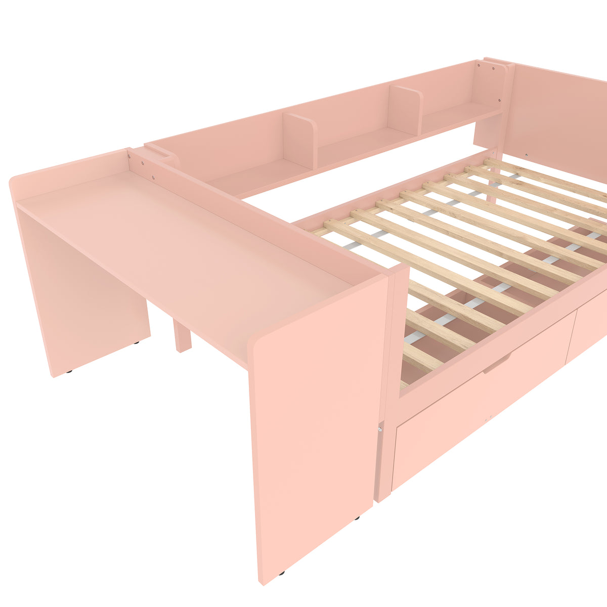 Wooden Single Bed 90x200 with Desk, Drawers & Shelves, Pink