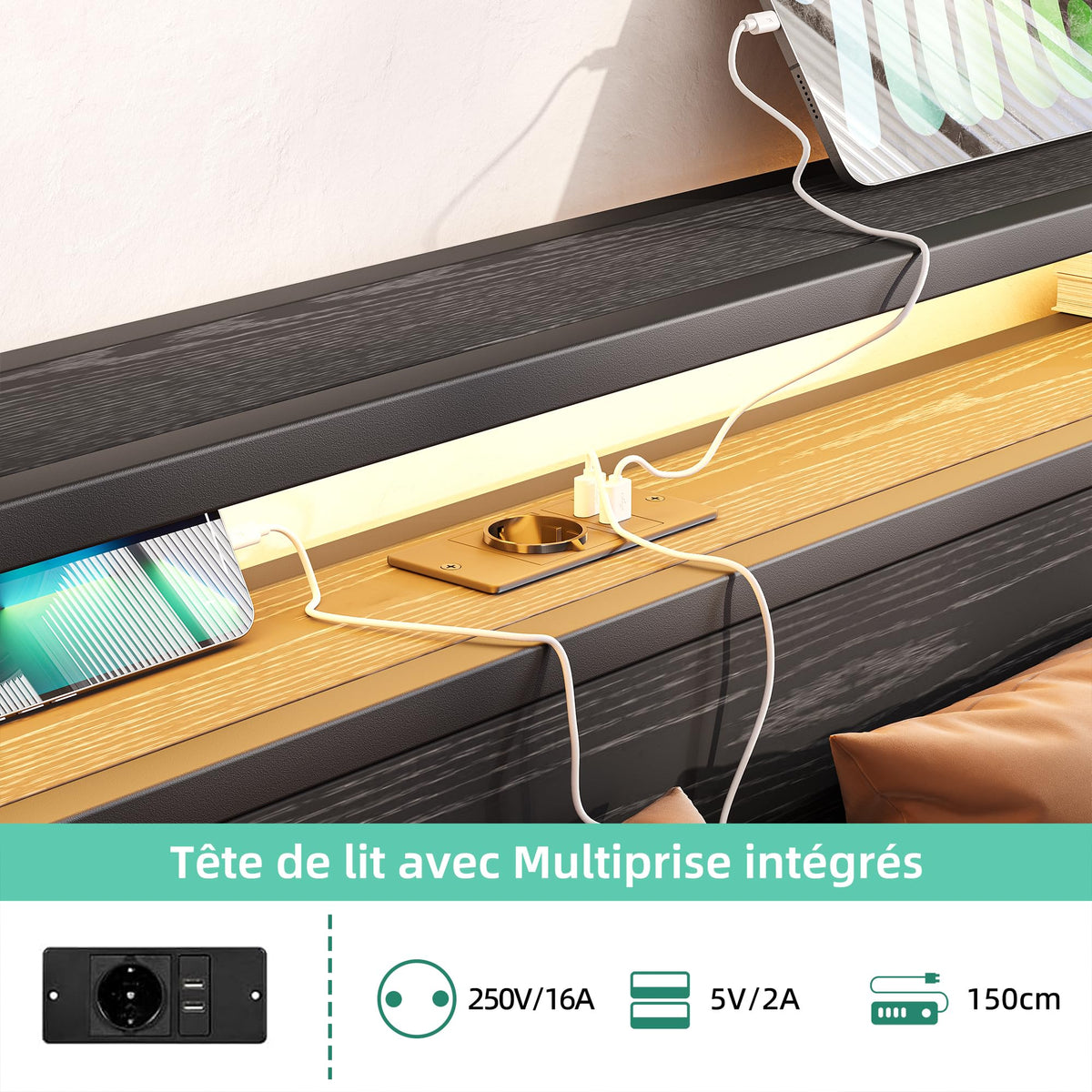 Storage Bed 90x200cm with USB & LED Lighting, Metal Frame