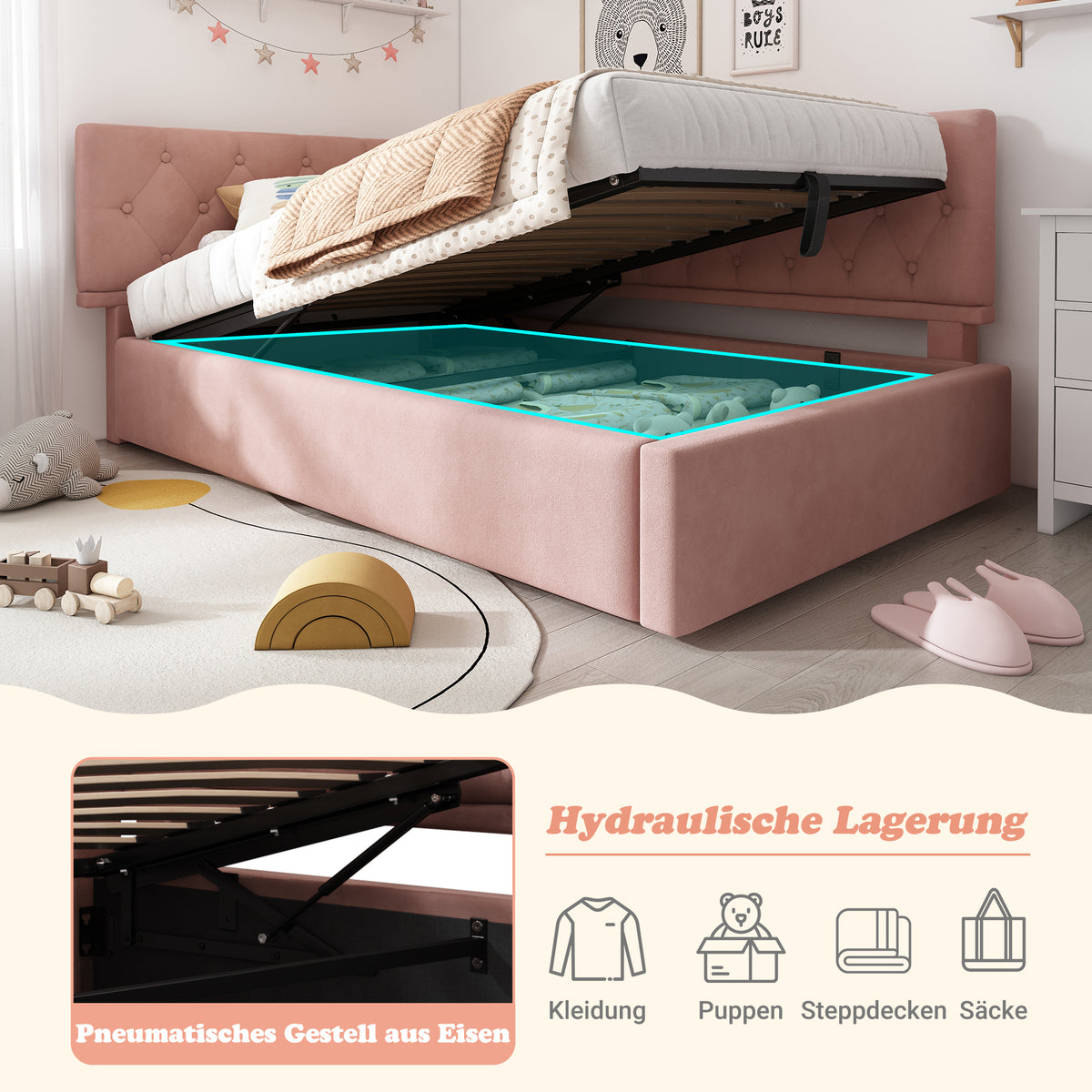 Upholstered Double Bed 180x200 with Storage & LED, Beige Chenille