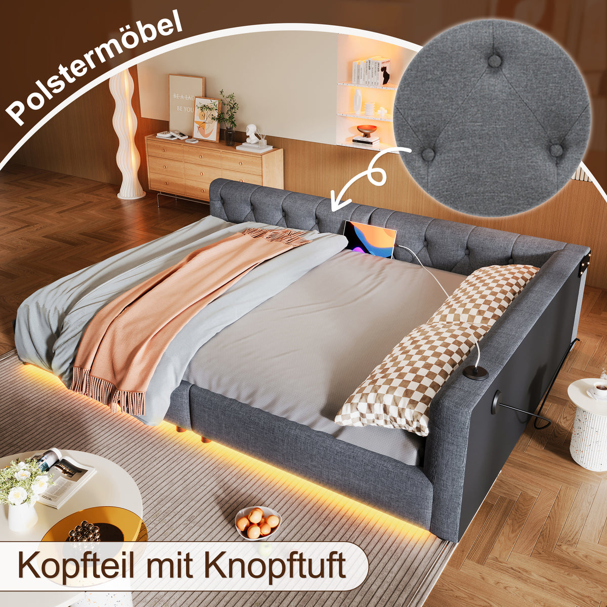 Sofa Daybed 140x200cm with LED Light & USB, Grey Linen