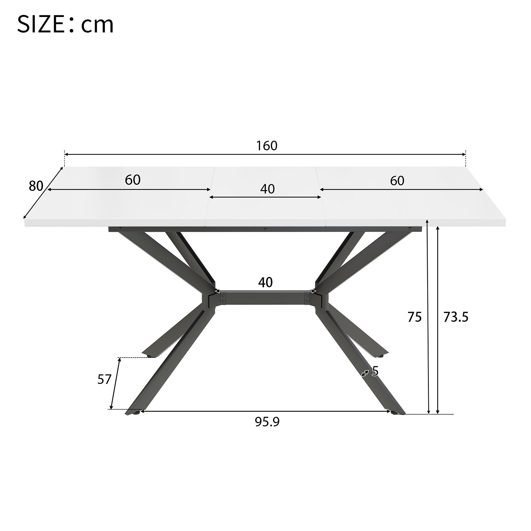 Extendable Dining Table, Rectangular Seating for 4-6 People, White and Black Metal