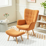 Armchair Footstool Wingback High Back Tufted Wooden Legs Corduroy Brown