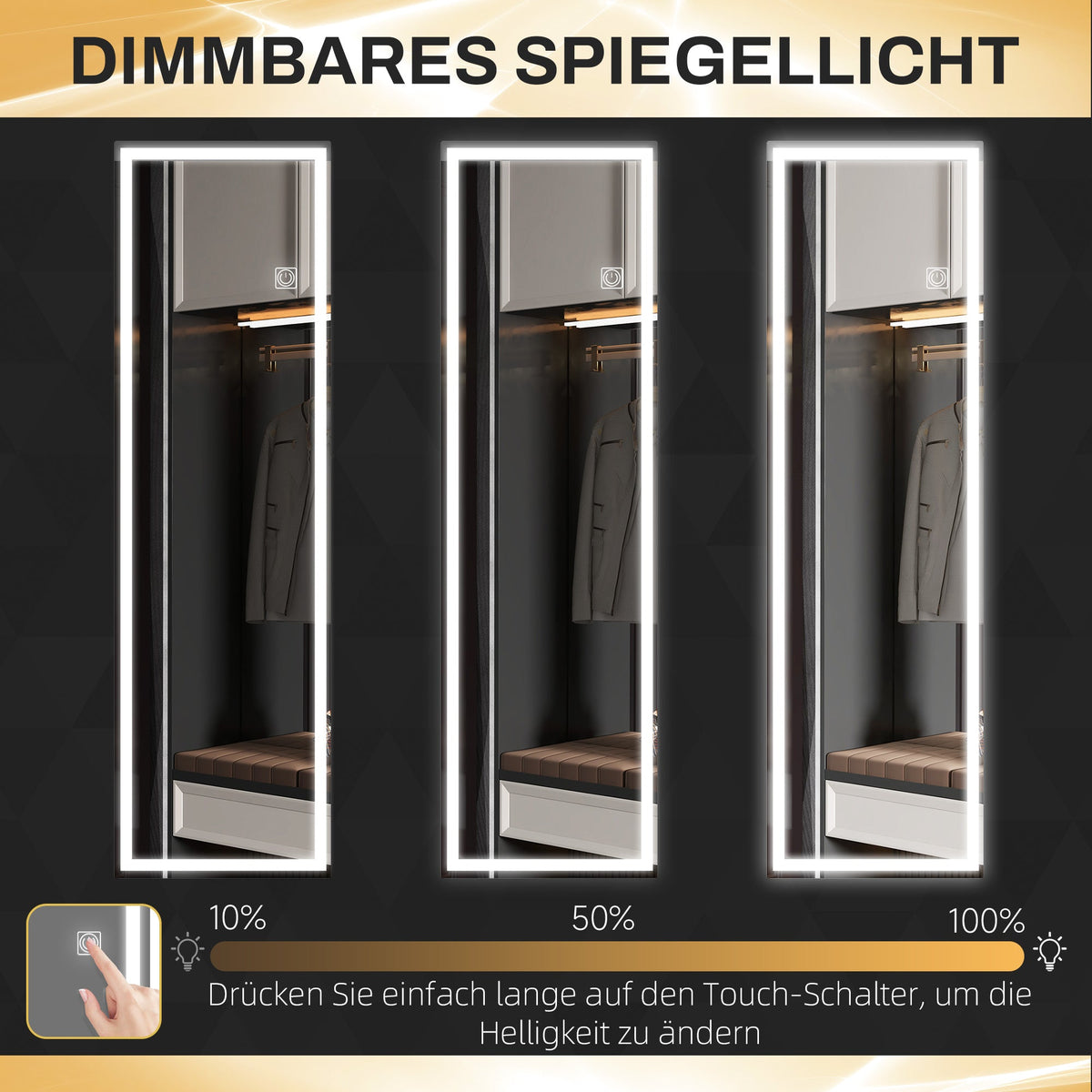 Wall Mirror Full Length LED, 3 Light Bars, Silver