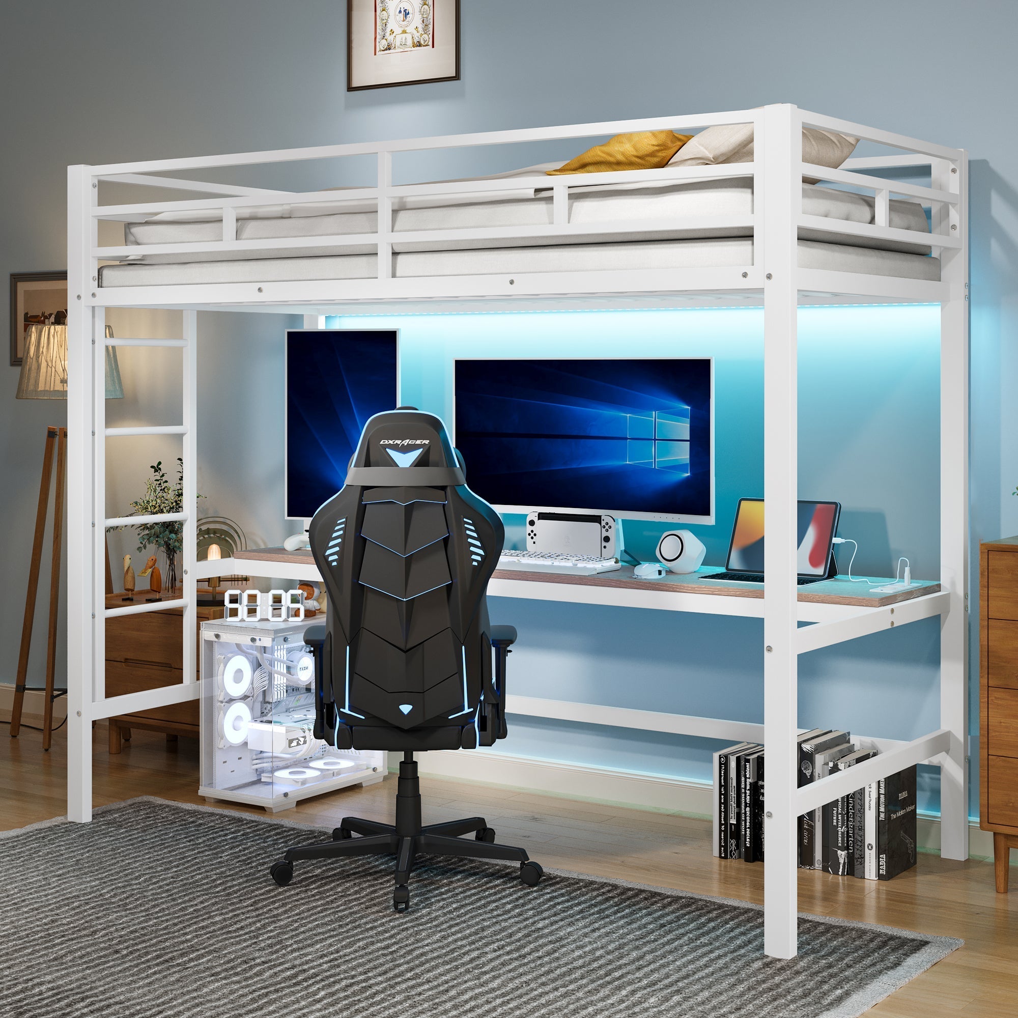 Loft Bed with Desk, USB Ports and LED Light Strip, White Metal