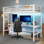 Loft Bed with Desk, USB Ports and LED Light Strip, White Metal