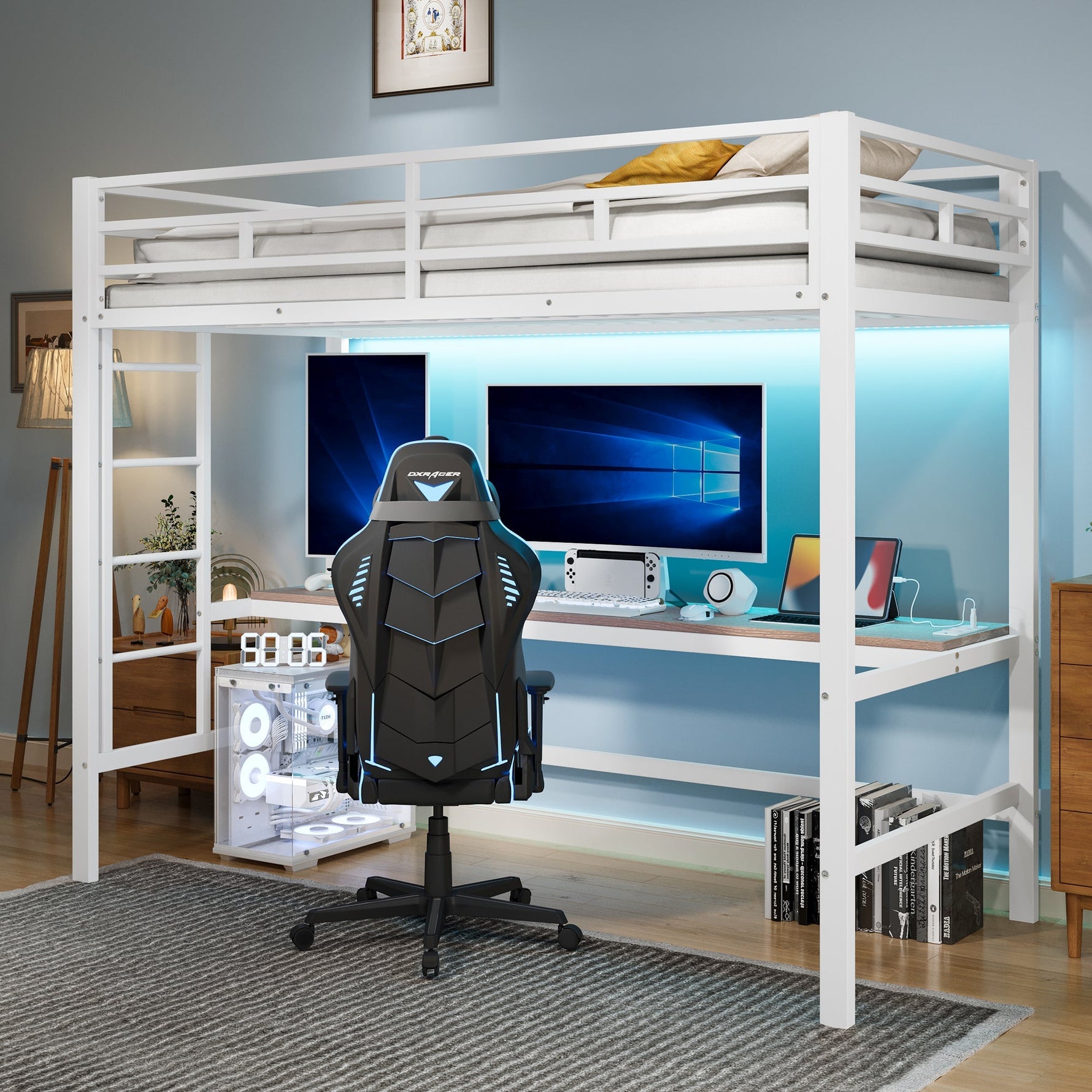 Loft Bed with Desk, USB Ports and LED Light Strip, White Metal