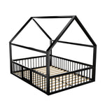 Metal Bed Frame 140x200 cm with House Trim & Railing, Black