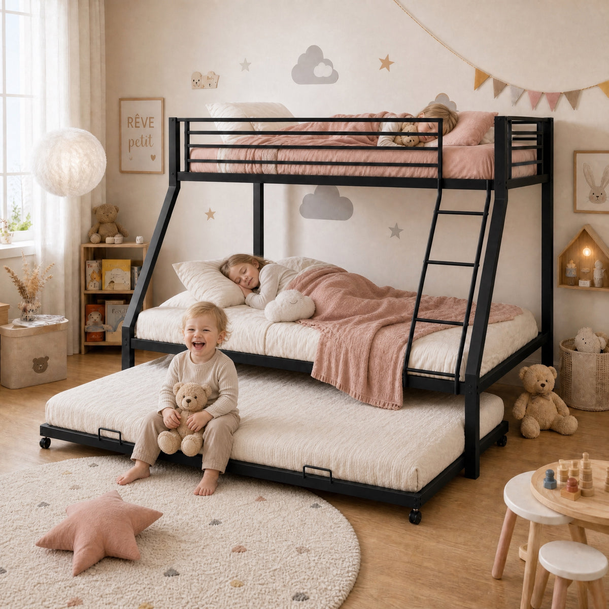 Metal Bunk Bed with Pull-Out Bed, 3 Sleeping Places, Black