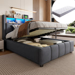 Upholstered Bed 90x200cm with LED & Storage, Linen Grey