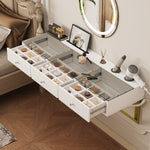 Wall-Mounted Vanity Table with 3 Drawers & Glass Top, White