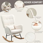 Rocking Chair, Armrests Lumbar Cushion Wooden Base, Cream White Teddy Fabric