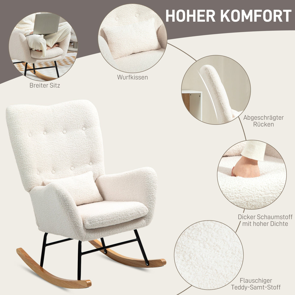 Rocking Chair, Armrests Lumbar Cushion Wooden Base, Cream White Teddy Fabric