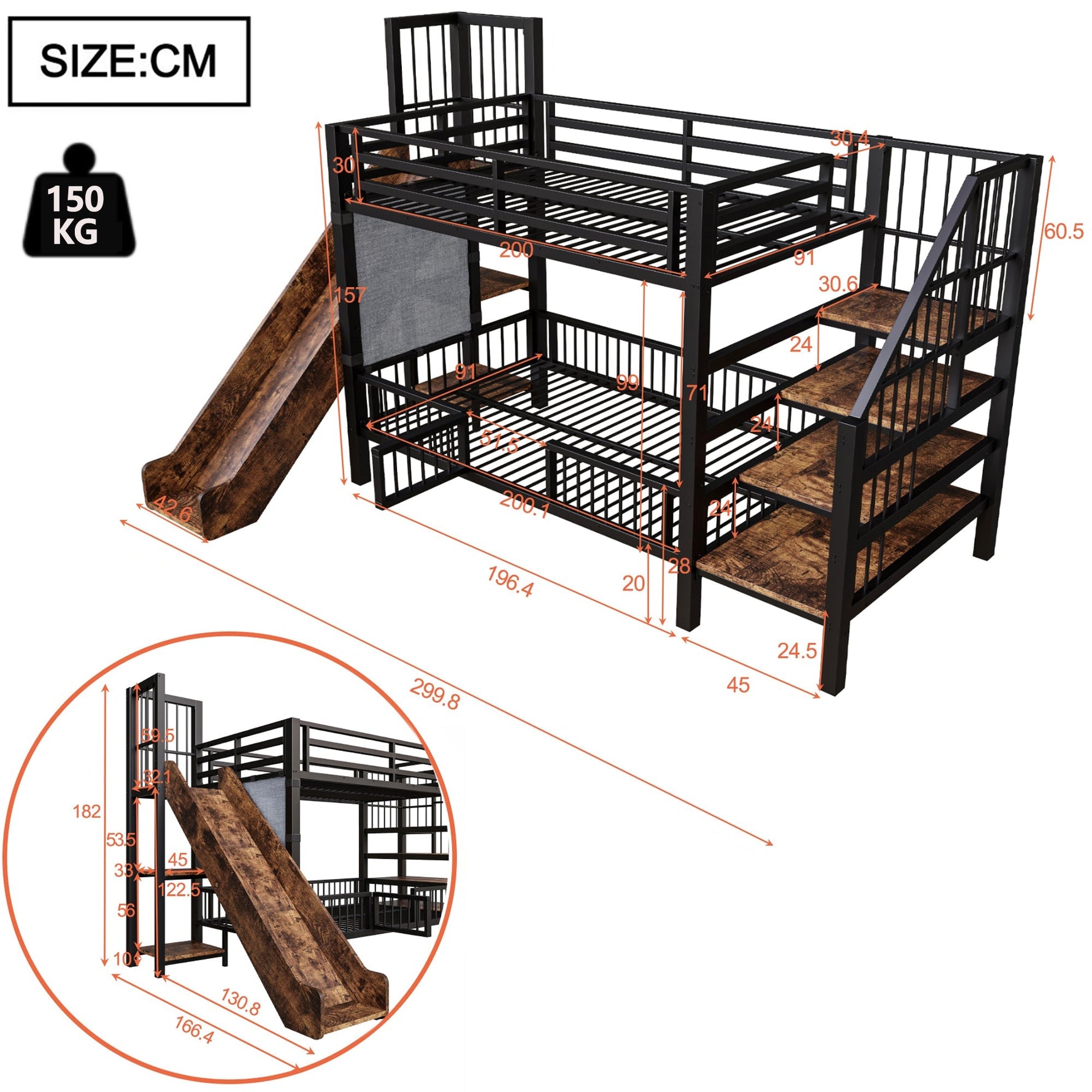 Children's Metal Loft Bed with Slide, Storage Stairs and Shelves, Black