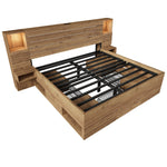 Wooden Double Bed with LED Downlights, USB-C, Floating Bedside Tables and Drawers, 180x200cm, Oak Look