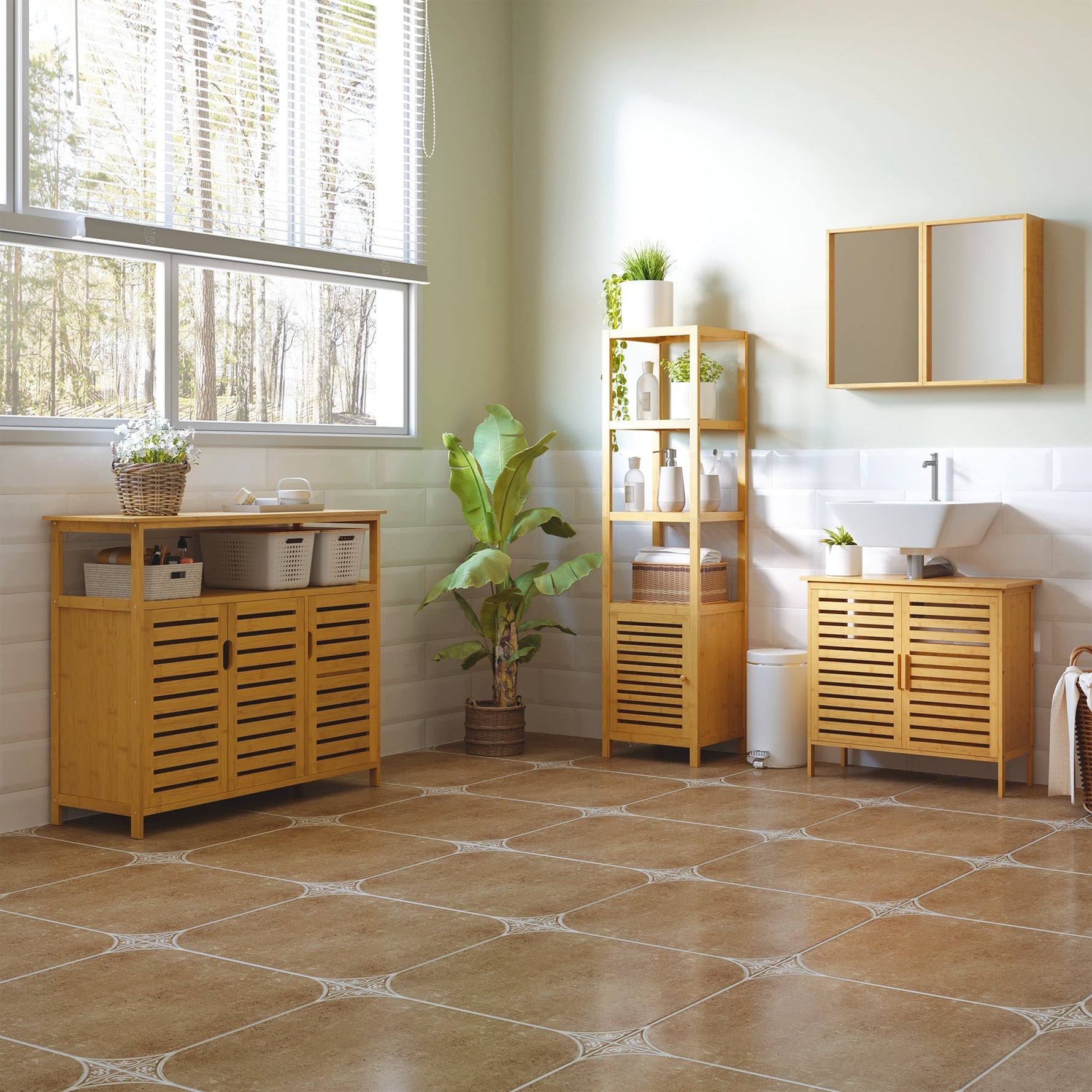 Bathroom Cabinet, 3 Open Compartments, Toilet Storage, Bamboo