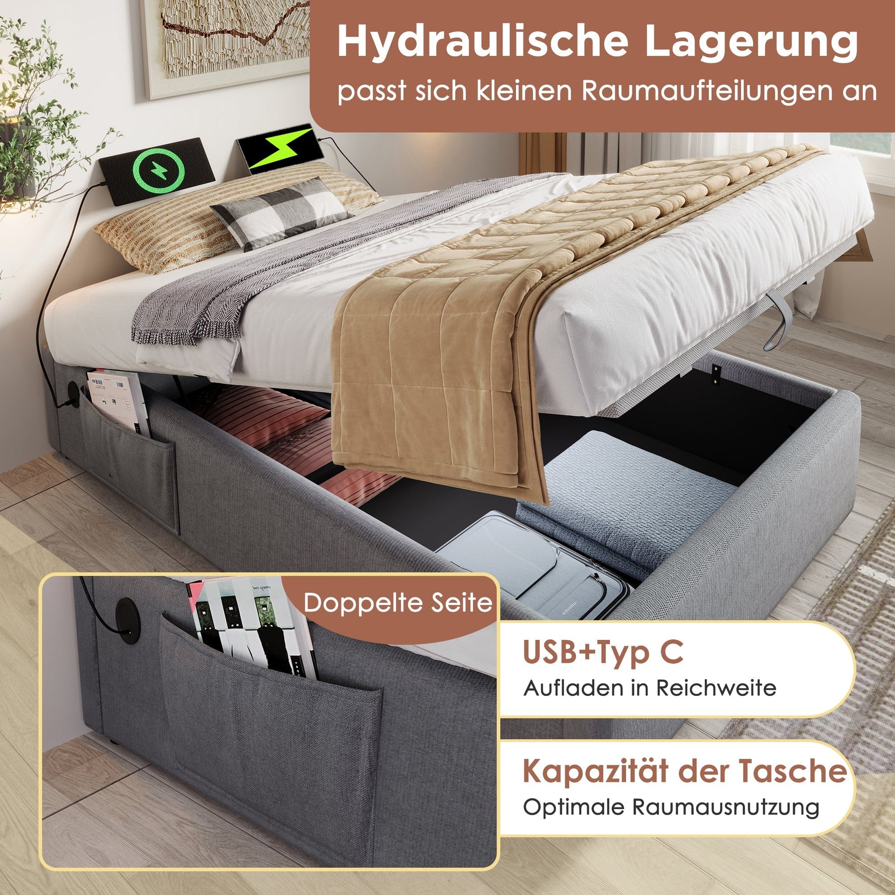Upholstered Double Bed with Storage, USB-C and Full Slatted Base, 160x200cm, Grey Cotton