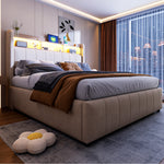Upholstered Bed 140x200cm with Storage & LED, Beige Linen